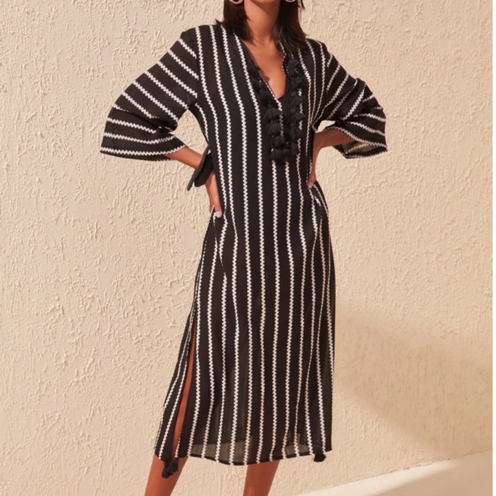 Black and White Striped Swim Coverup Kaftan